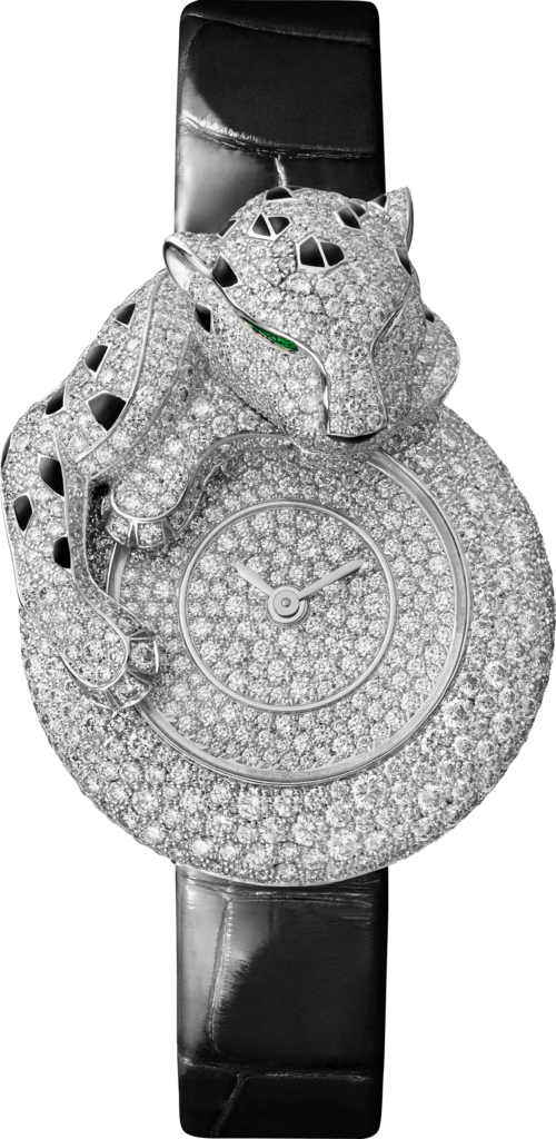 Joaillière Panthère 腕錶28.4毫米，鍍銠飾面18K白色黃金，鑽石，皮革