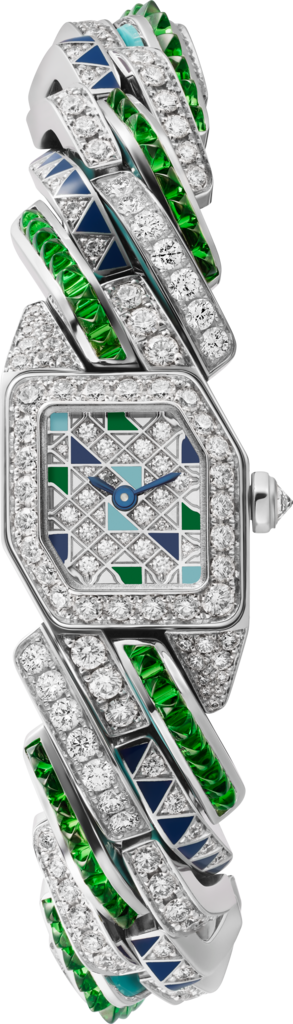 Maillon de Cartier 腕錶小型款，石英機芯，18K白色黃金，鑽石，沙弗萊石，亮漆