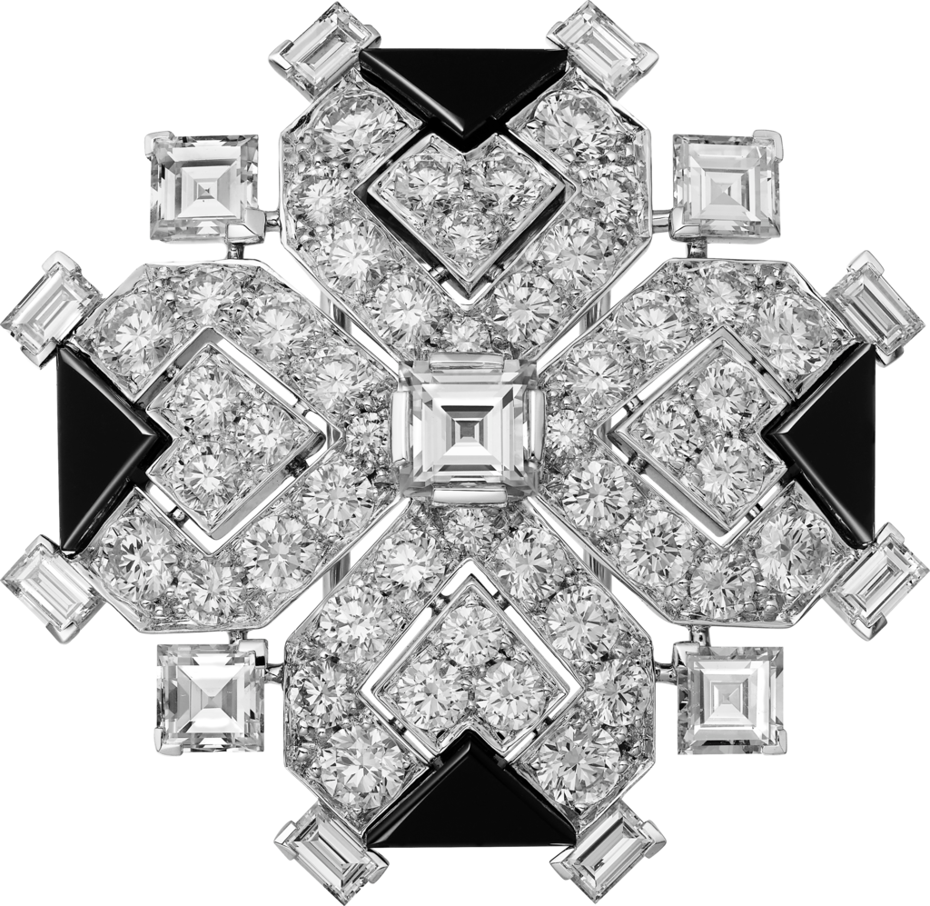 幾何與對比系列胸針18K白色黃金，縞瑪瑙，鑽石