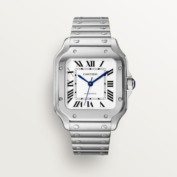 Santos de Cartier 腕錶 中型款，自動上鏈機械機芯，精鋼，可更換式金屬錶鏈及皮革錶帶