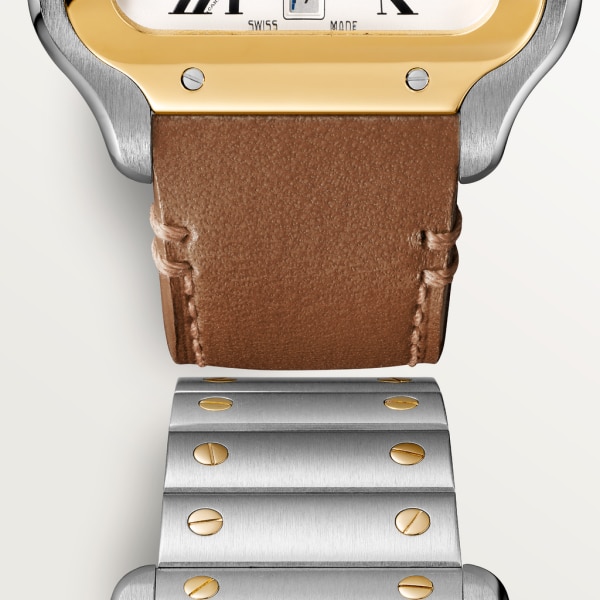 Santos de Cartier 腕錶 大型款，自動上鏈機械機芯，18K黃金，精鋼，可更換式金屬錶鏈及皮革錶帶
