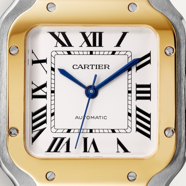 Santos de Cartier watch Medium model, automatic movement, yellow gold, steel, interchangeable metal and leather bracelets
