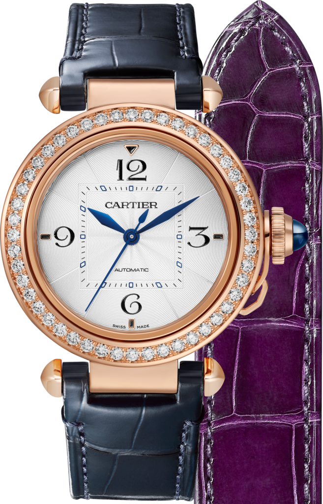 Pasha de Cartier watch35 mm, automatic movement, rose gold, diamonds, 2 interchangeable leather straps