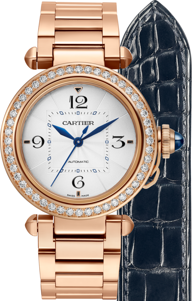 Pasha de Cartier 腕錶35毫米，自動上鏈機械機芯，18K玫瑰金，鑽石，可更換式金屬錶鏈及皮革錶帶