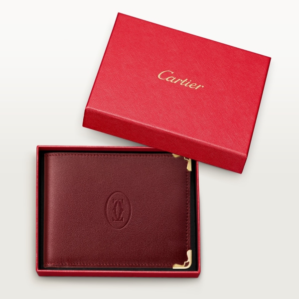 Must de Cartier 信用卡夾，可容納6張信用卡 酒紅色小牛皮，金色飾面