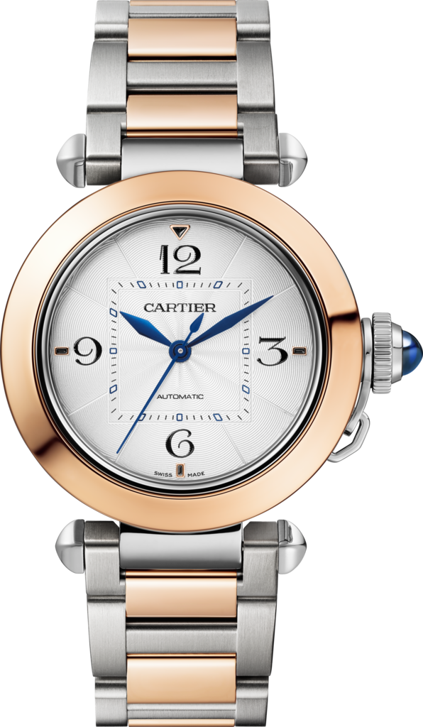 Pasha de Cartier 腕錶35毫米，自動上鏈機械機芯，18K玫瑰金及精鋼，可更換式金屬錶鏈及皮革錶帶