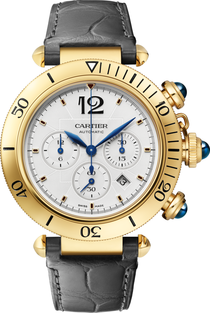 Pasha de Cartier 腕錶41毫米，計時功能，自動上鏈機械機芯，18K黃金，可更換式皮革錶帶