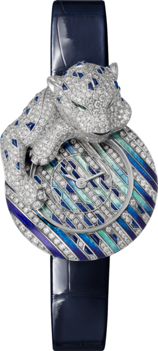 Joaillière Panthère 腕錶 28.4毫米，鍍銠飾面18K白色黃金，鑽石，皮革