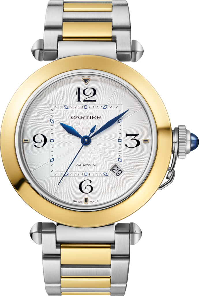 Pasha de Cartier 腕錶41毫米，自動上鏈機械機芯，18K黃金及精鋼，可更換式金屬錶鏈及皮革錶帶