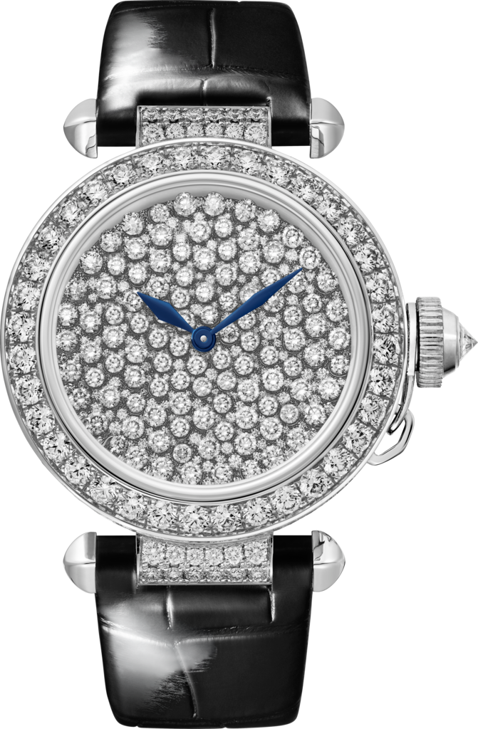Pasha de Cartier 腕錶35毫米，自動上鏈機械機芯，18K白色黃金，鑽石，皮革