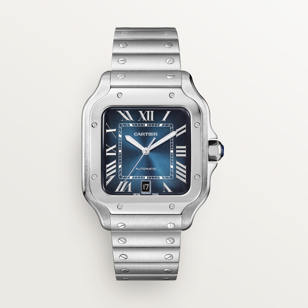 Santos de Cartier 腕錶大型款，自動上鏈機械機芯，精鋼，可更換式金屬錶鏈及皮革錶帶