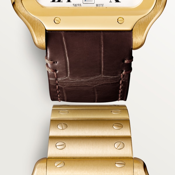 Santos de Cartier 腕錶 大型款，自動上鏈機械機芯，18K黃金，可更換式金屬錶鏈及皮革錶帶