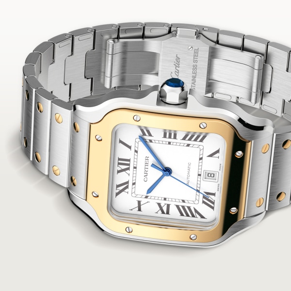 Santos de Cartier 腕錶 大型款，自動上鏈機械機芯，18K黃金，精鋼，可更換式金屬錶鏈及皮革錶帶