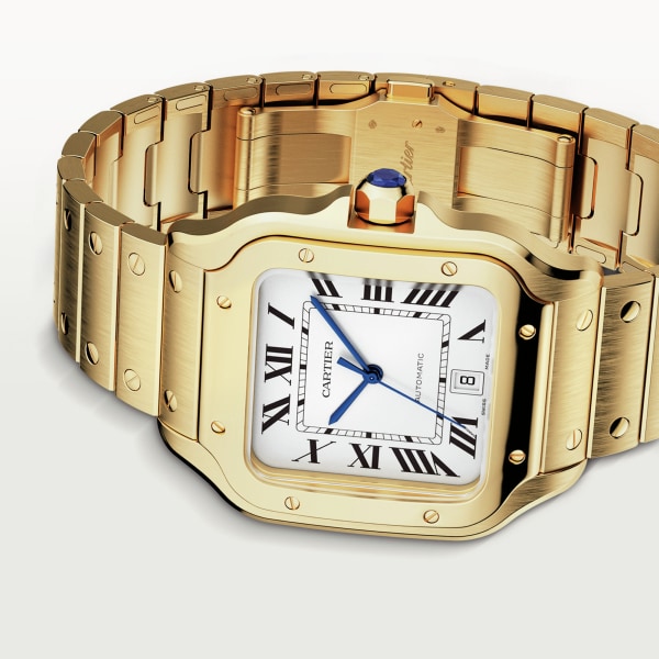 Santos de Cartier 腕錶 大型款，自動上鏈機械機芯，18K黃金，可更換式金屬錶鏈及皮革錶帶