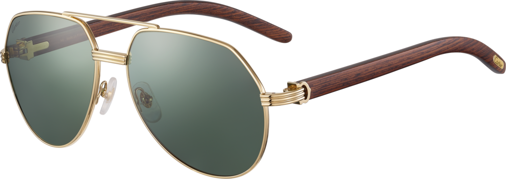 Première de Cartier 太陽眼鏡棕色木材，光滑金色飾面，綠色偏光鏡片