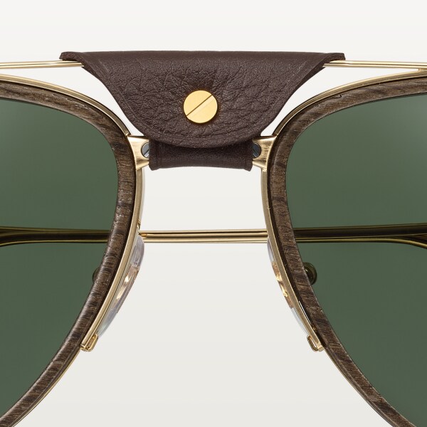 Santos de Cartier 太陽眼鏡 鏡片圍繞木材及碳纖維，香檳金色飾面金屬，綠色偏光鏡片