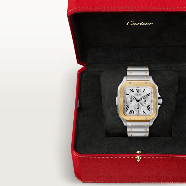 Santos de Cartier 計時碼錶 特大型款，自動上鏈機械機芯，18K黃金，精鋼，可更換式金屬錶鏈及橡膠錶帶