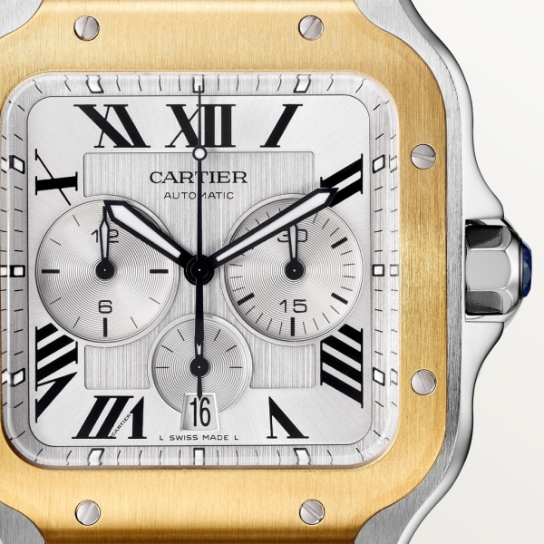 Santos de Cartier Chronograph watch Extra-large model, automatic movement, yellow gold, steel, interchangeable metal and rubber bracelets