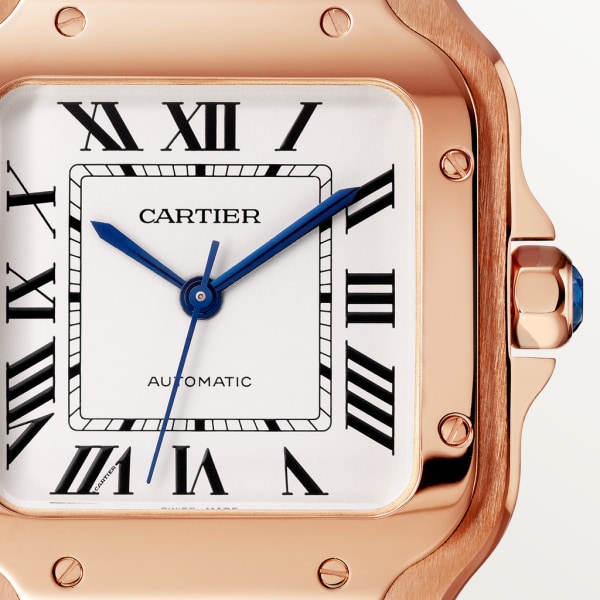 Santos de Cartier 腕錶 中型款，自動上鏈機械機芯，18K玫瑰金，可更換式金屬錶鏈及皮革錶帶