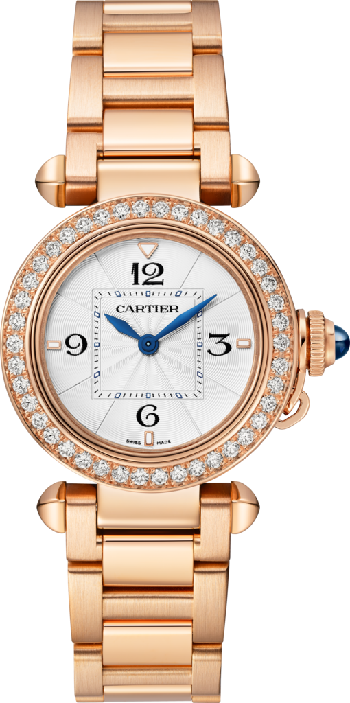 Pasha de Cartier 腕錶30毫米，高效能石英機芯，玫瑰金，鑽石，可更換式金屬錶鏈及皮革錶帶