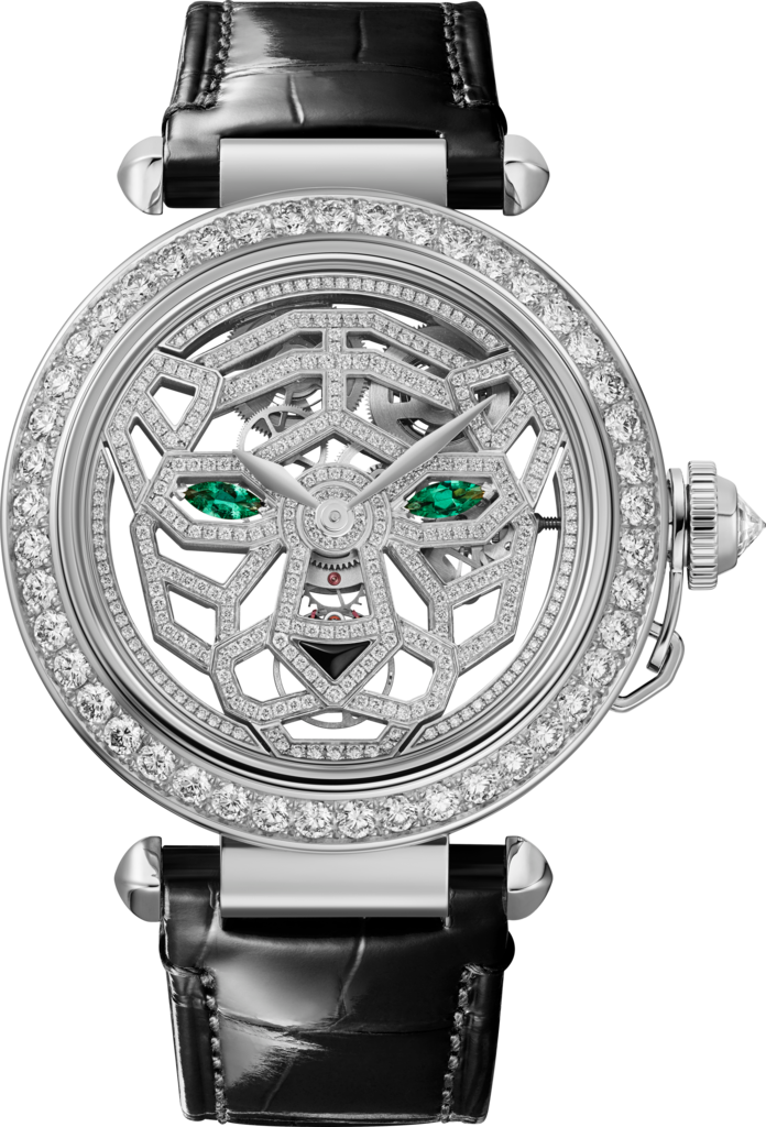 Joaillière Panthère 腕錶41毫米，手動上鏈機械機芯，18K白色黃金，鑽石，可更換式皮革錶帶