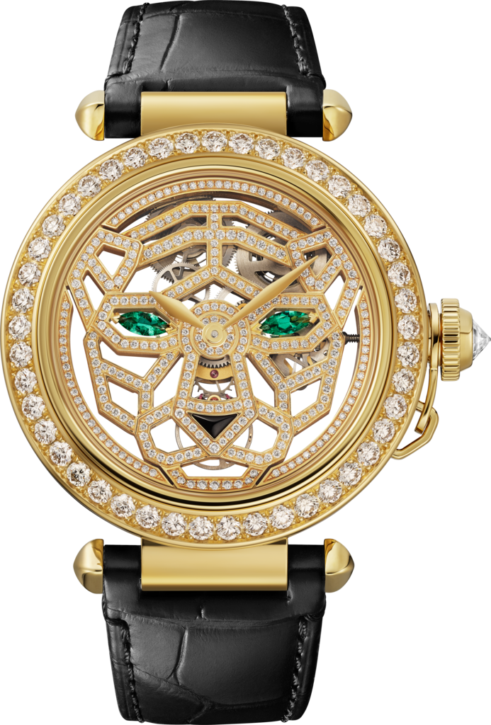 Joaillière Panthère 腕錶41毫米，手動上鏈機械機芯，18K黃金，鑽石，可更換式皮革錶帶