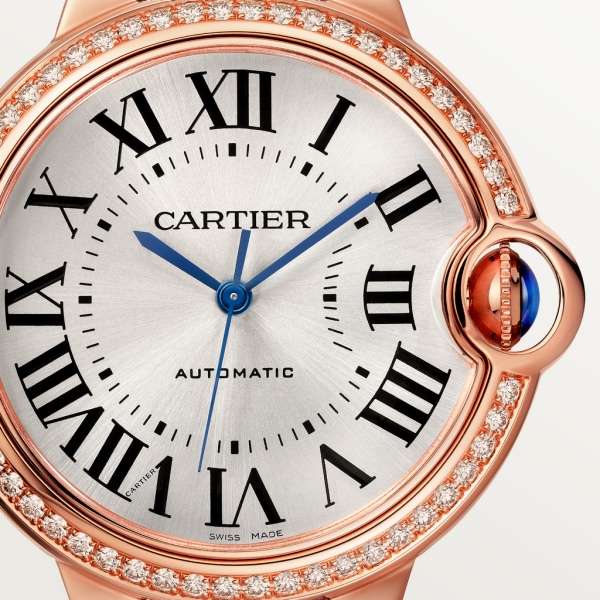 Ballon Bleu de Cartier watch 36mm, automatic movement, rose gold, diamonds, leather