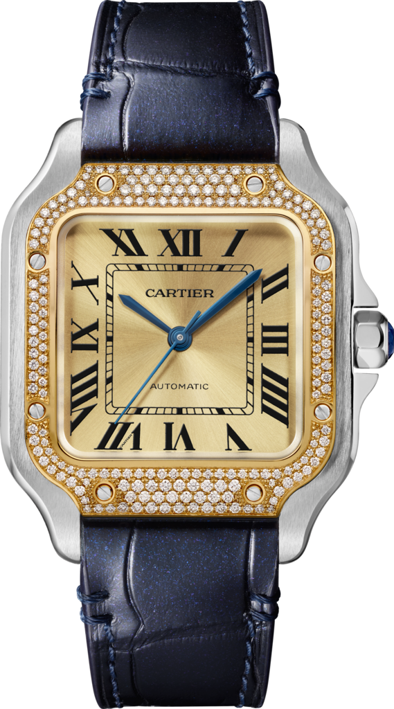 Santos de Cartier 腕錶中型款，自動上鏈機械機芯，18K黃金，精鋼，鑽石，可更換式金屬錶鏈及皮革錶帶