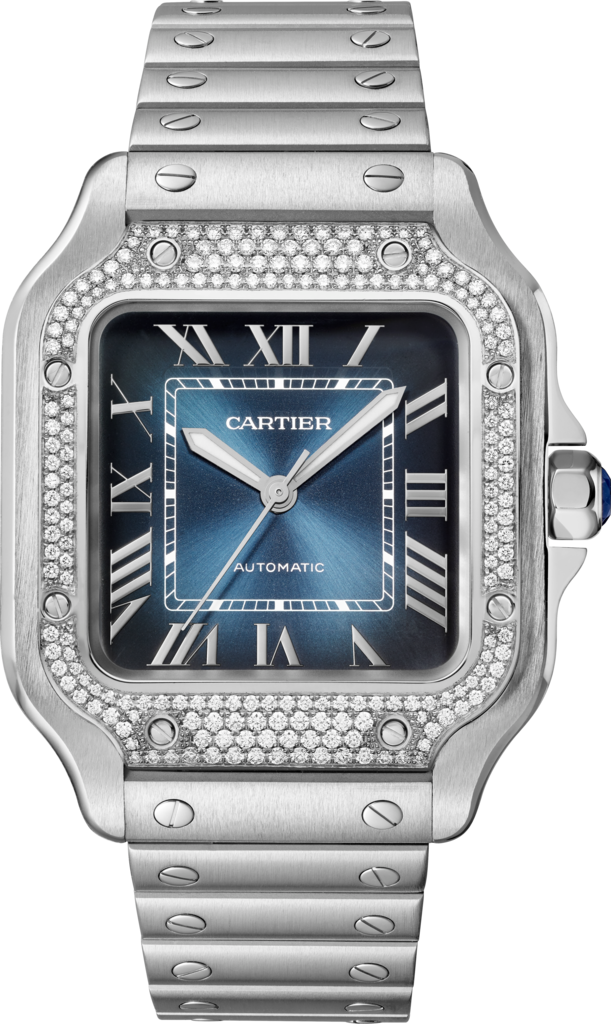 Santos de Cartier 腕錶中型款，自動上鏈機械機芯，精鋼，鑽石，藍色錶盤，可更換式金屬錶鏈及皮革錶帶