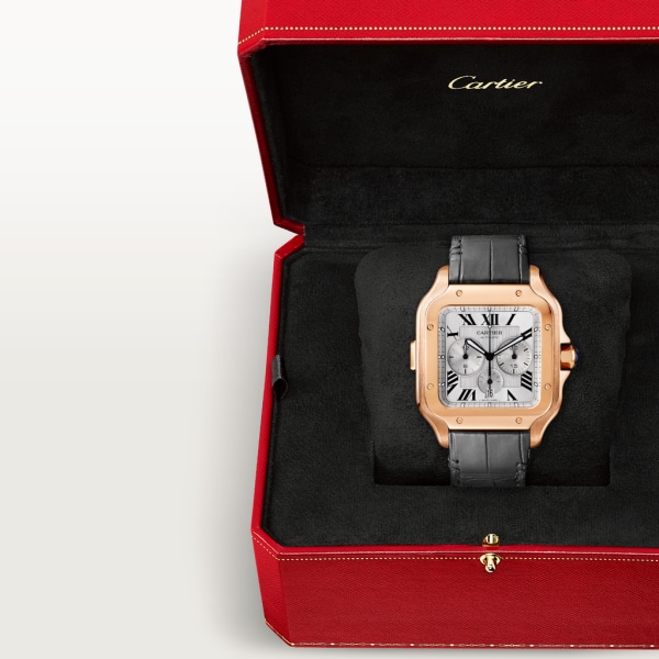 Santos de Cartier 計時碼錶 特大型款，自動上鏈機械機芯，18K玫瑰金，可更換式皮革錶帶及橡膠錶帶