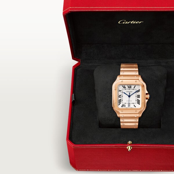 Santos de Cartier 腕錶 大型款，自動上鏈機械機芯，18K玫瑰金，可更換式金屬錶鏈及皮革錶帶