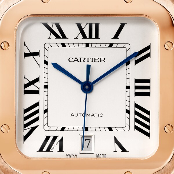 Santos de Cartier 腕錶 大型款，自動上鏈機械機芯，18K玫瑰金，可更換式金屬錶鏈及皮革錶帶