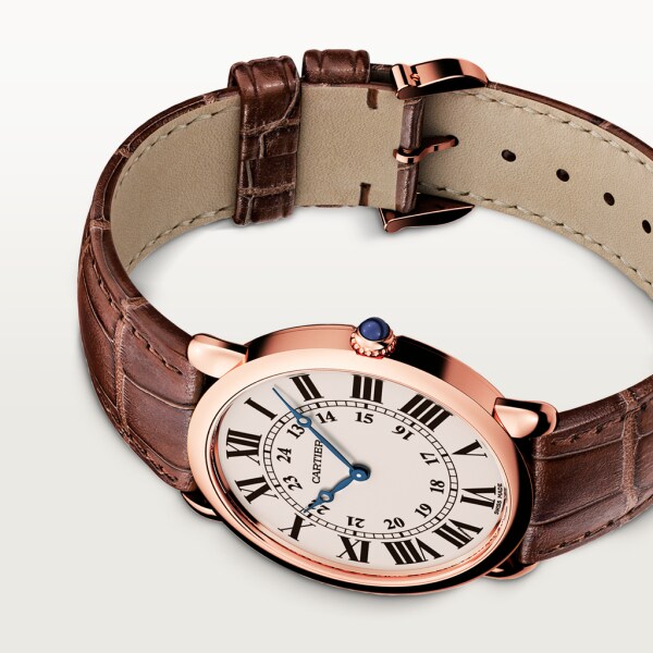 Ronde Louis Cartier watch 36mm, hand-wound mechanical movement, rose gold, leather