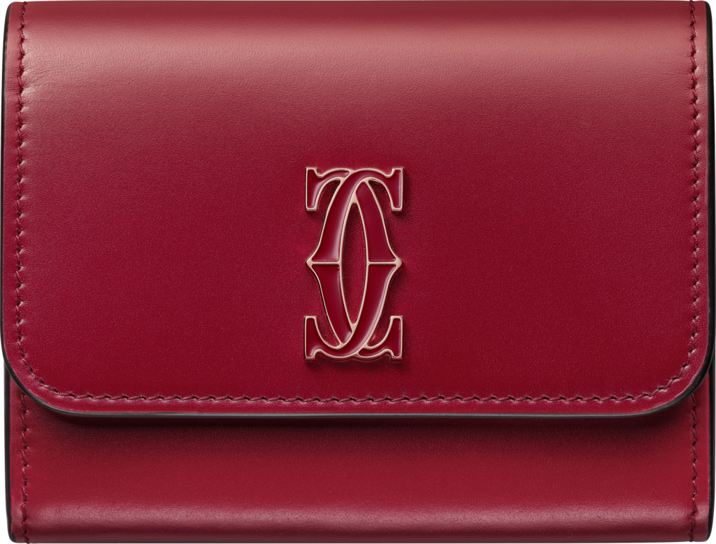 Mini wallet, Double C de CartierCherry red calfskin, gold and cherry red enamel finish