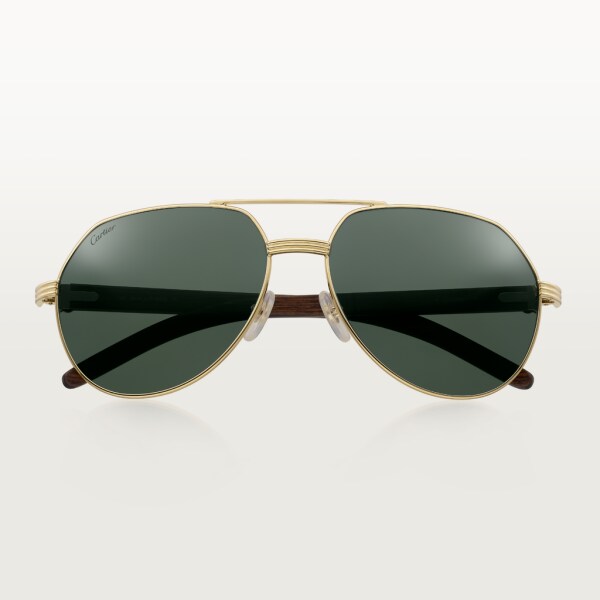 Première de Cartier sunglasses Brown wood, smooth golden finish, green polarised lenses