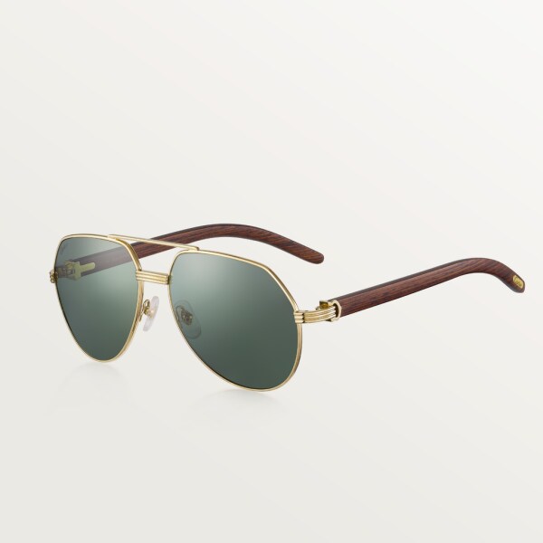 Première de Cartier sunglasses Brown wood, smooth golden finish, green polarised lenses