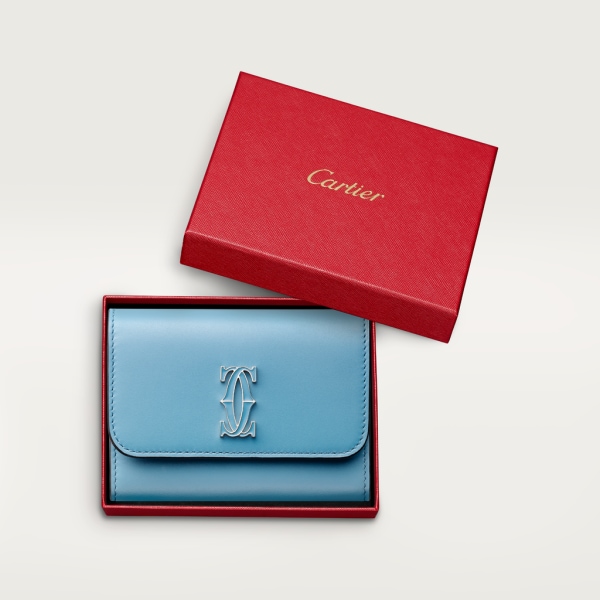 銀包，迷你款，C de Cartier 卡布里藍色小牛皮，金色及卡布里藍色琺瑯飾面