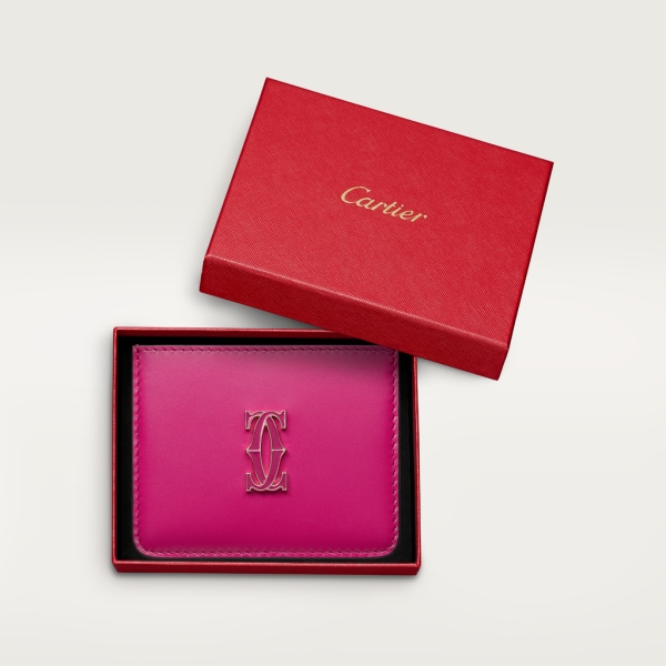 C de Cartier 卡片夾 桃紅色小牛皮，金色及桃紅色琺瑯飾面