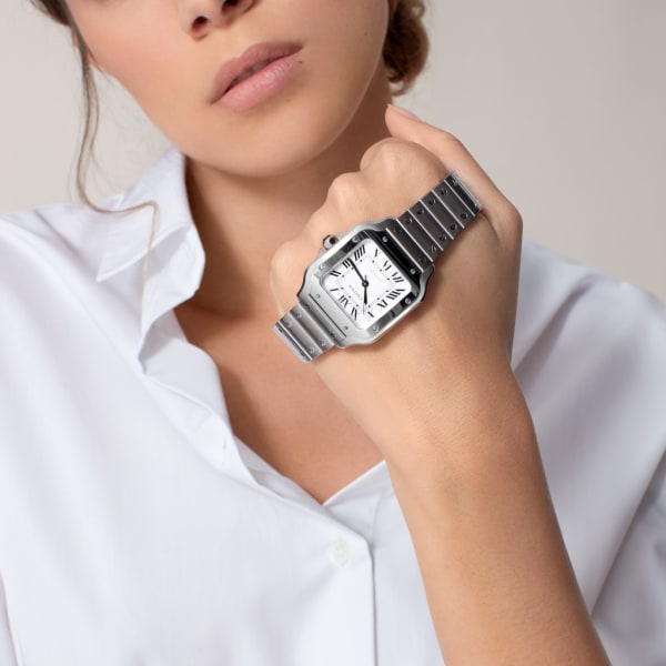 Santos de Cartier watch Medium model, automatic movement, steel, interchangeable metal and leather bracelets