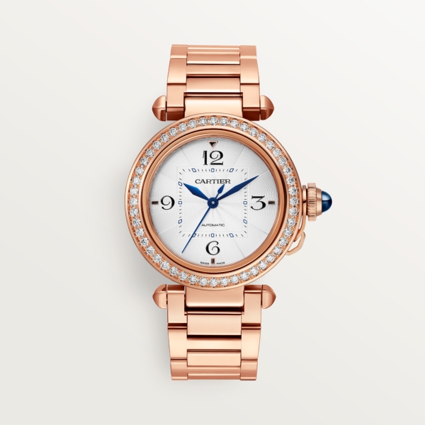 Pasha de Cartier 腕錶 35毫米，自動上鏈機械機芯，18K玫瑰金，鑽石，可更換式金屬錶鏈及皮革錶帶