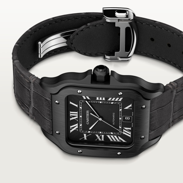 Santos de Cartier watch Large model, automatic movement, steel, ADLC, interchangeable rubber and leather bracelets