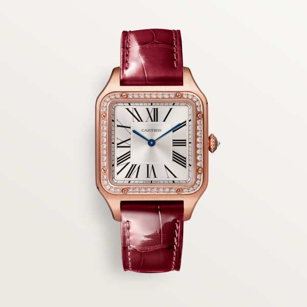 Santos-Dumont 腕錶 大型款，石英機芯，18K玫瑰金，鑽石，皮革