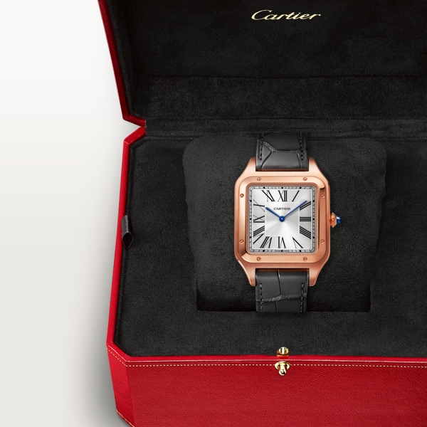 Santos-Dumont 腕錶 特大型款，手動上鏈機械機芯，18K玫瑰金，皮革