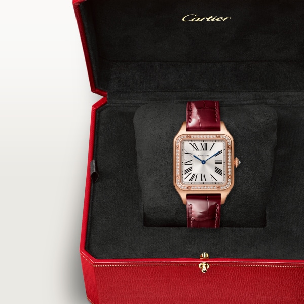 Santos-Dumont 腕錶 大型款，石英機芯，18K玫瑰金，鑽石，皮革