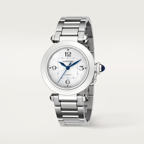 Pasha de Cartier 腕錶 35毫米，自動上鏈機械機芯，精鋼，可更換式金屬錶鏈及皮革錶帶