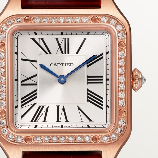 Santos-Dumont 腕錶 小型款，石英機芯，18K玫瑰金，鑽石，皮革