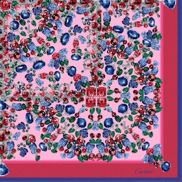 Cartier Tutti Frutti「水果錦囊」風格方巾，90厘米 粉紅色斜紋真絲