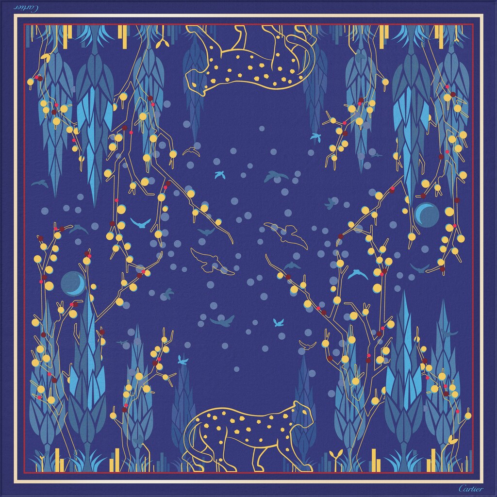 Panther Garden 圖案方巾，90厘米深藍色斜紋真絲