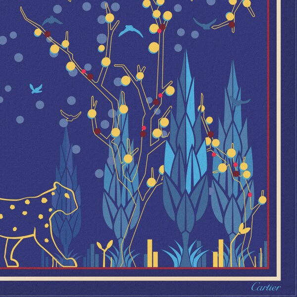 Panther Garden 圖案方巾，90厘米 深藍色斜紋真絲