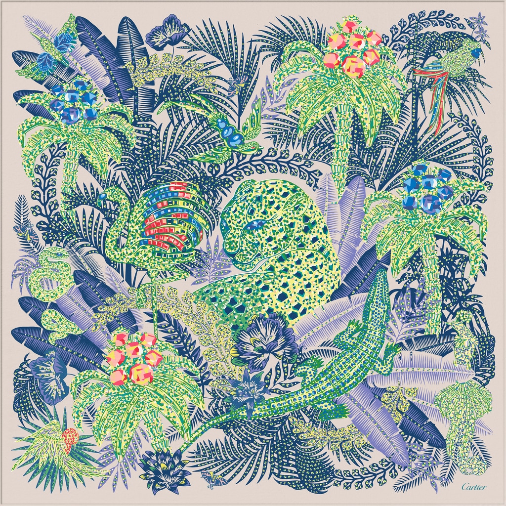 Panther Jungle 圖案方巾，90厘米綠色及米色斜紋真絲